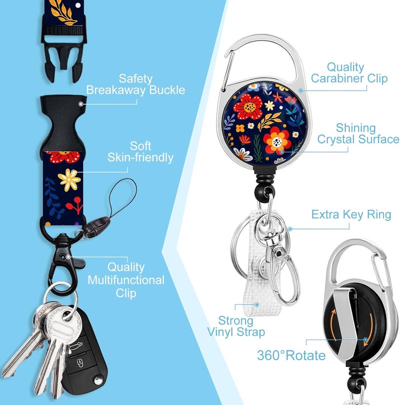 Piefly Lanyards for Id Badges, Vintage Floral Flowers Badge Holder with Retractable Reel Belt Clip, Work Name Tag Lanyard Vertical ID Card Protector Case for Women Nurse Doctor Teacher Student - Image 4